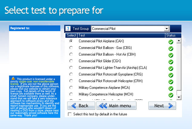 GroundSchool Commercial Pilot Test Selection Screen