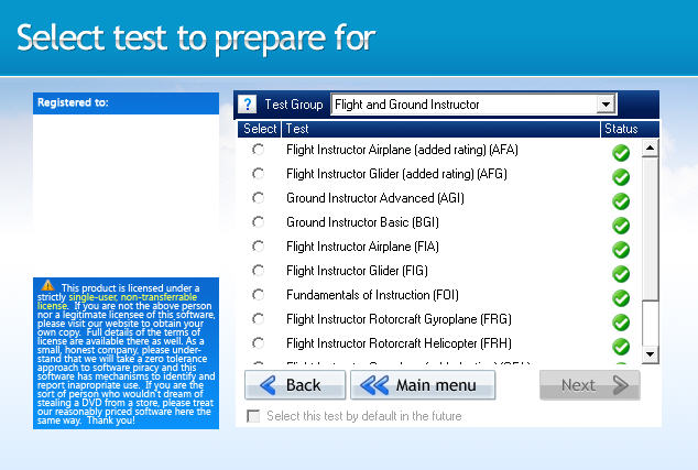 GroundSchool CFI Test Selection Screen