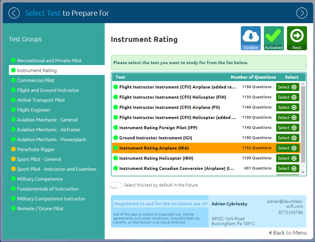 GroundSchool IFR (Instrument Rating) Test Selection Screen