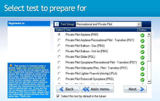 GroundSchool PRIVATE Test Selection Screen