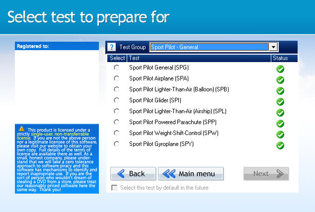 GroundSchool SPORTPILOT Test Selection Screen